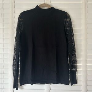 Carmen Marc Valvo Top Blouse Lace Black Long Sleeve Modest High Neck Medium